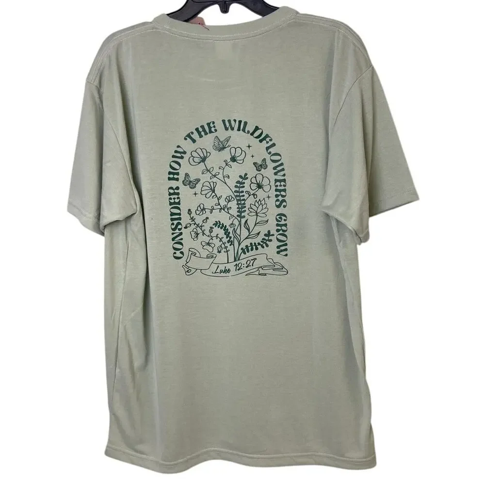New Hand Printed Mens XL Consider How The Wildflowers Grow Short Sleeve T Shirt - Picture 1 of 6